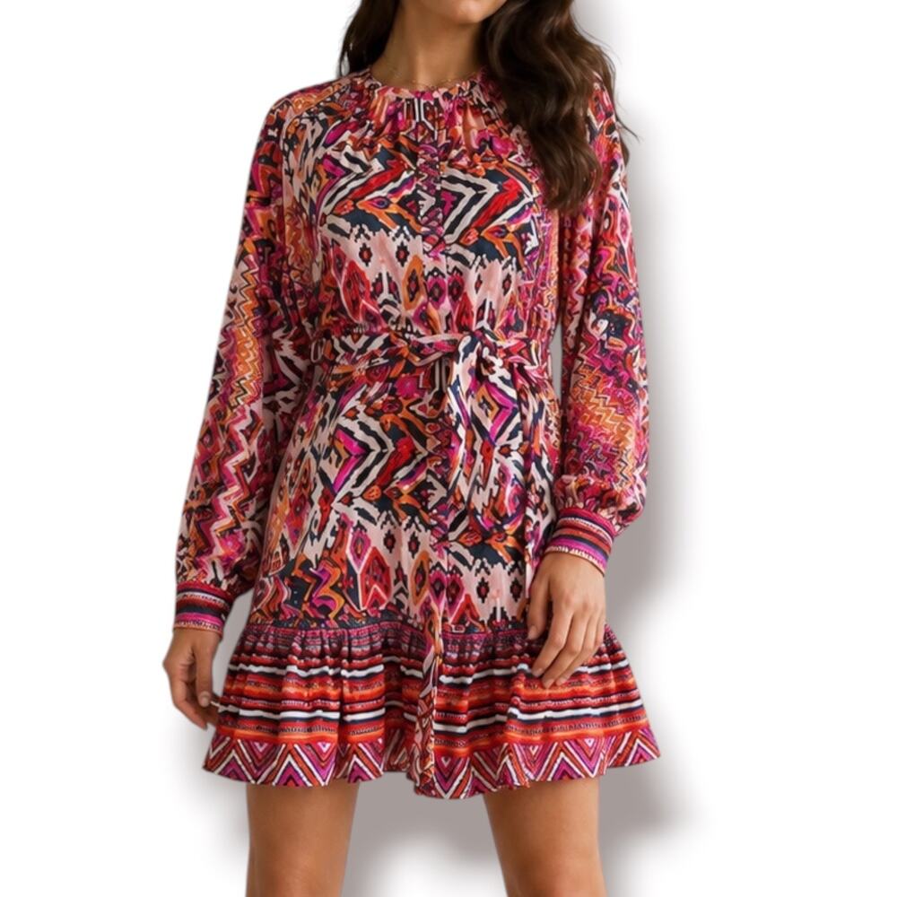 Zara Angie Belted Abstract Print Mini Dress Pink Red Boho‎ Ruffle Drop Waist XS